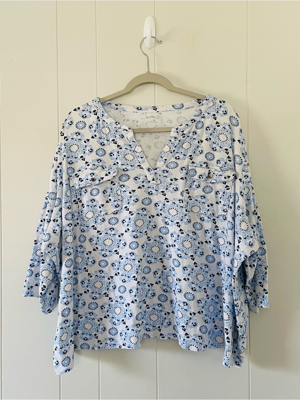 Kim Rogers Curvy 3X Blue Floral Print Button Pocket Tunic Blouse 100% Cotton
